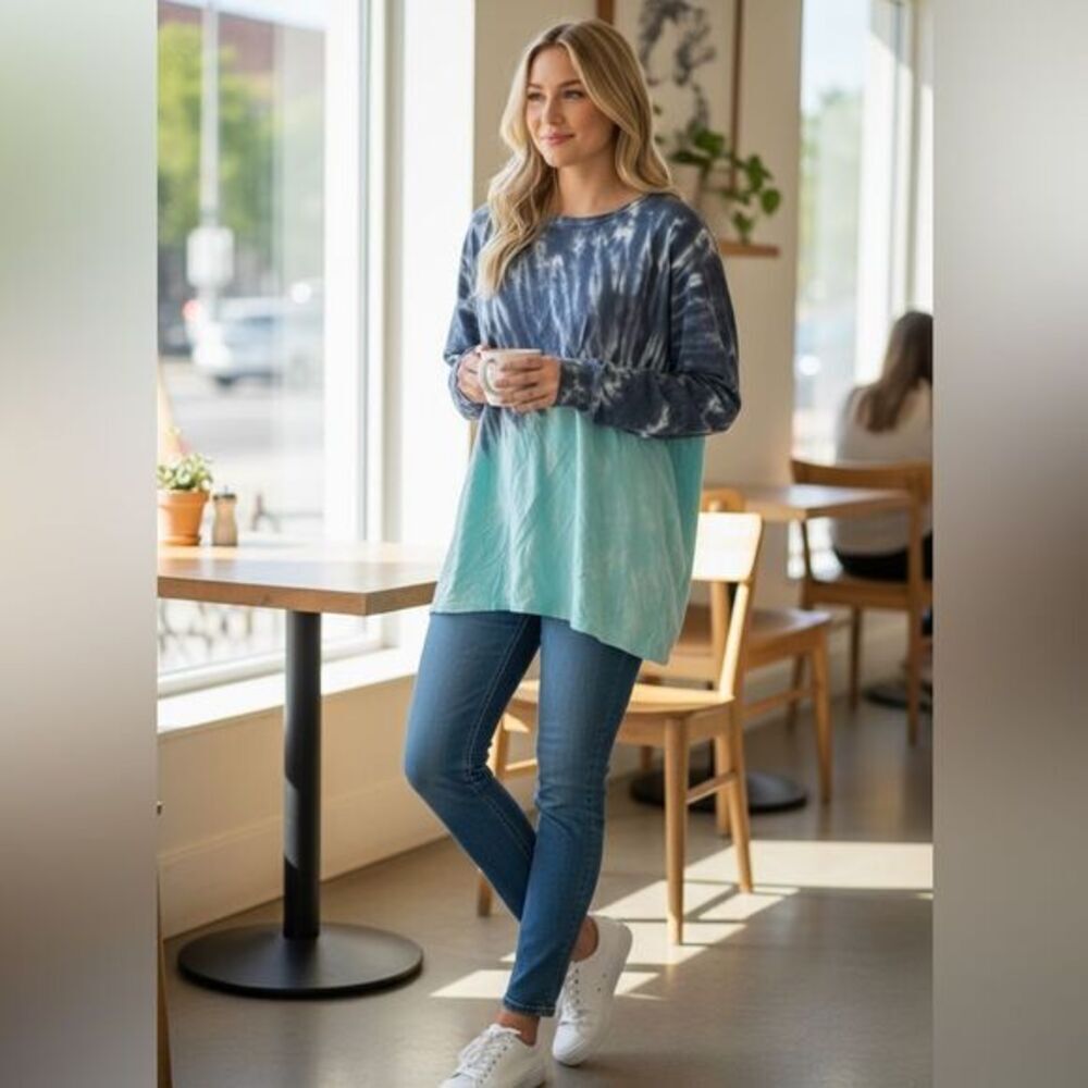 NWT AnyBody Plus Size Blue Teal Tie-Dye Long Sleeve Top Shirt Blouse - Size 3XL